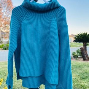 LEWIT 100% CASHMERE  TEAL BLUE CABLE KNIT TURTLENECK SWEATER Sz 1X EUC